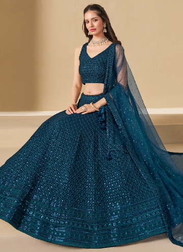 Beautiful Peacock colored Georgette Lehenga with sequin and thread embroidery work.